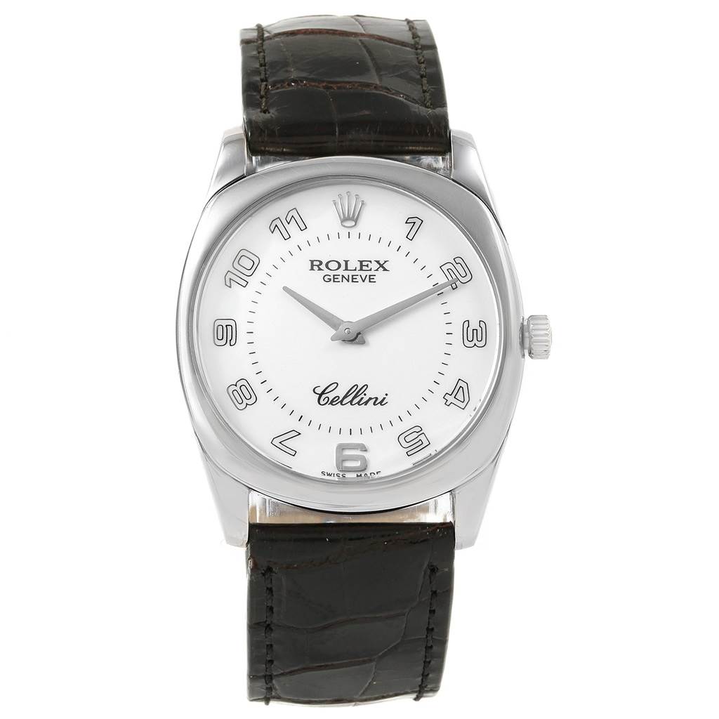 The image shows a front view of the Rolex Cellini 4233 Men's White Gold White Dial 4233 Men's White Gold White Dial watch, displaying its face, hands, crown, and leather strap.