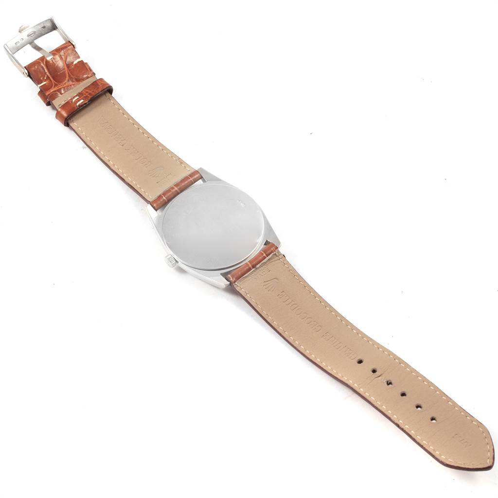 The image shows the back view of a Rolex Cellini 4233 Men's White Gold Black Dial 4233 Men's White Gold Black Dial watch with a brown leather strap and silver buckle.