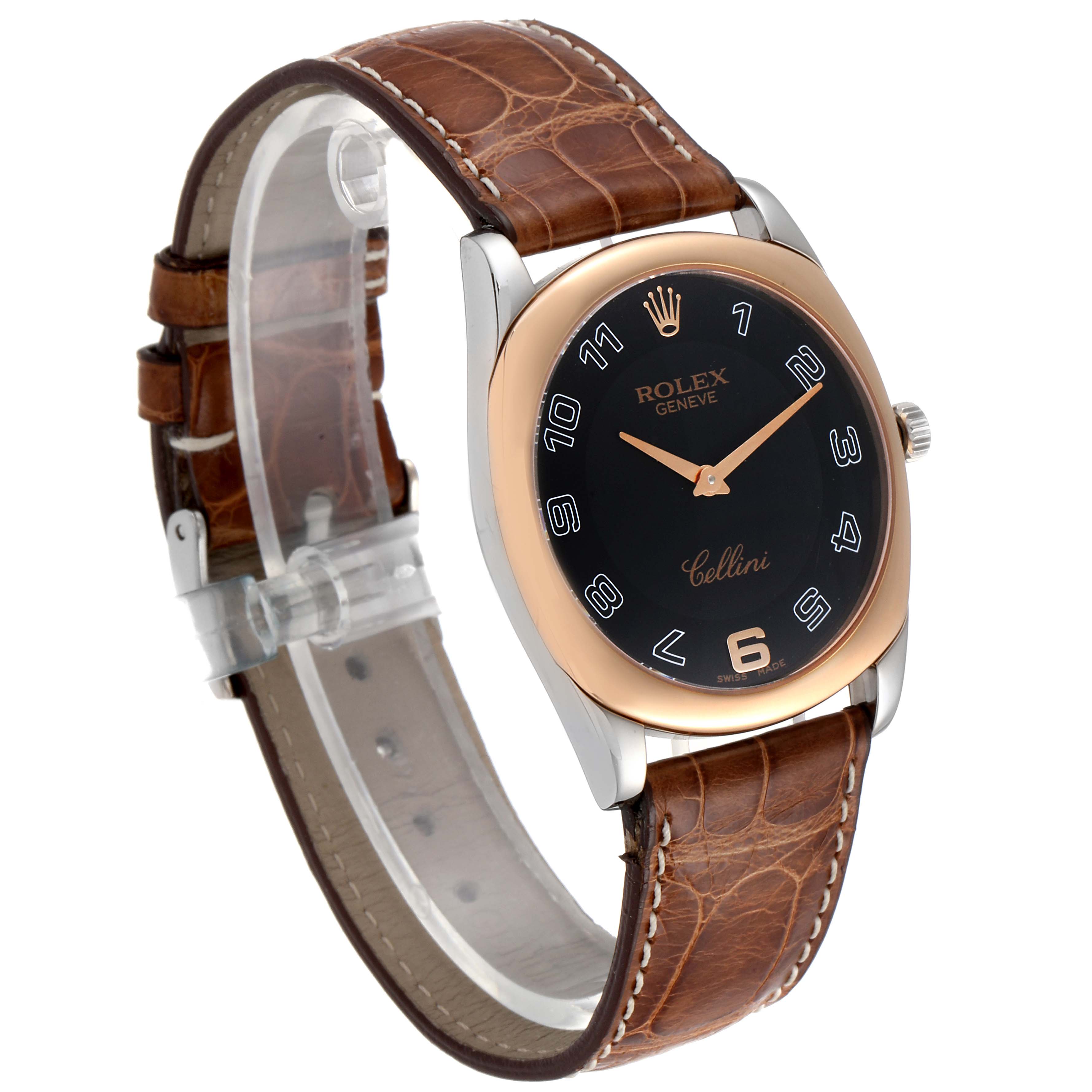 This image shows a Rolex Cellini 4233 Men's White Gold Black Dial 4233 Men's White Gold Black Dial watch at a slight angle, displaying its brown leather strap, black dial, and rose gold bezel.