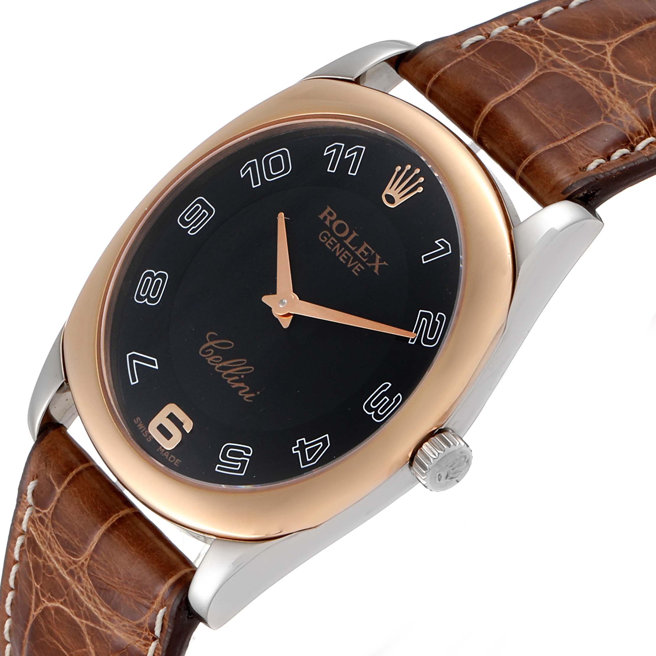 The Rolex Cellini 4233 Men's White Gold Black Dial 4233 Men's White Gold Black Dial watch is shown from an angled top view, highlighting its dial, crown, and leather strap.