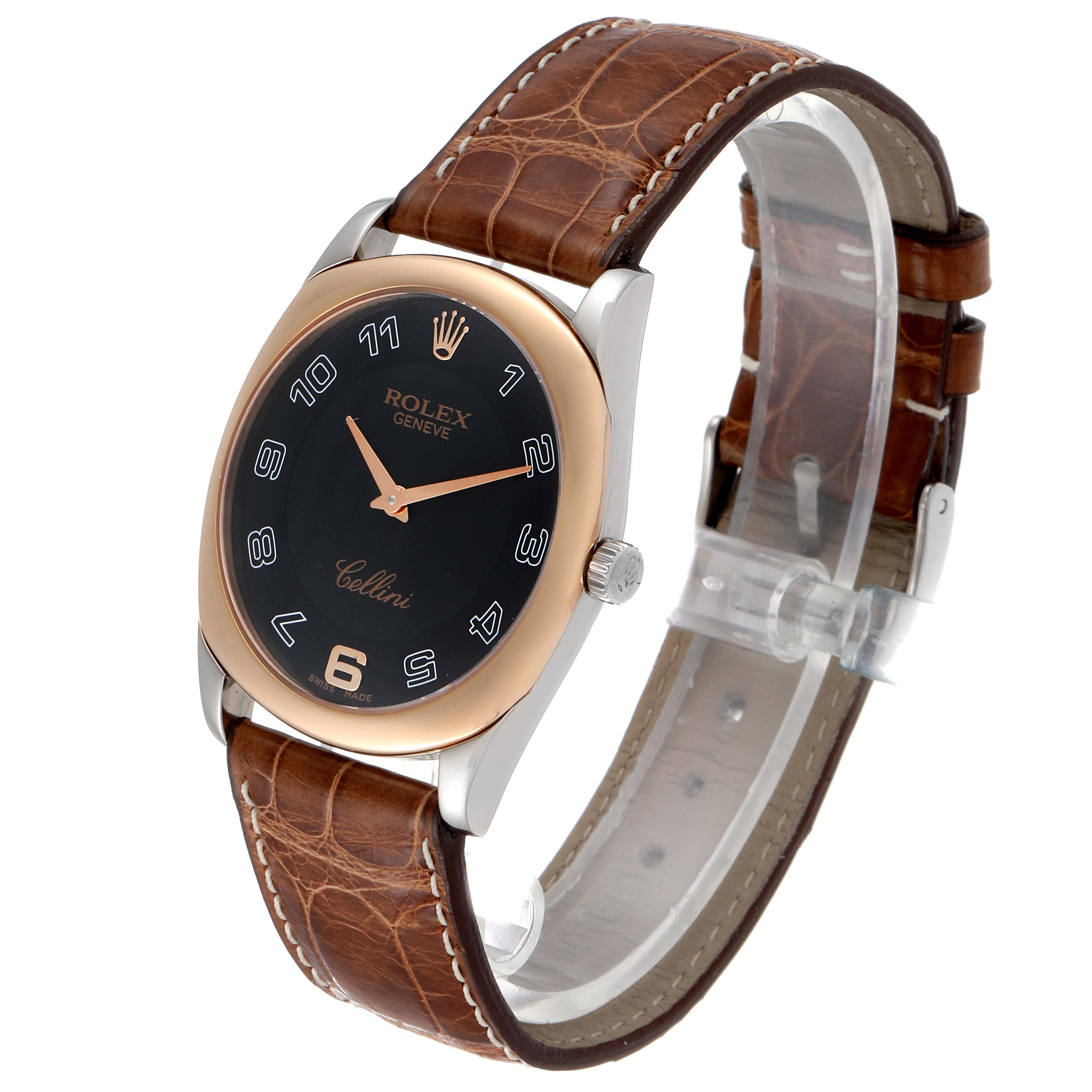 The Rolex Cellini 4233 Men's White Gold Black Dial 4233 Men's White Gold Black Dial watch is shown at a slight angle, displaying its leather strap, face, crown, and case in detail.