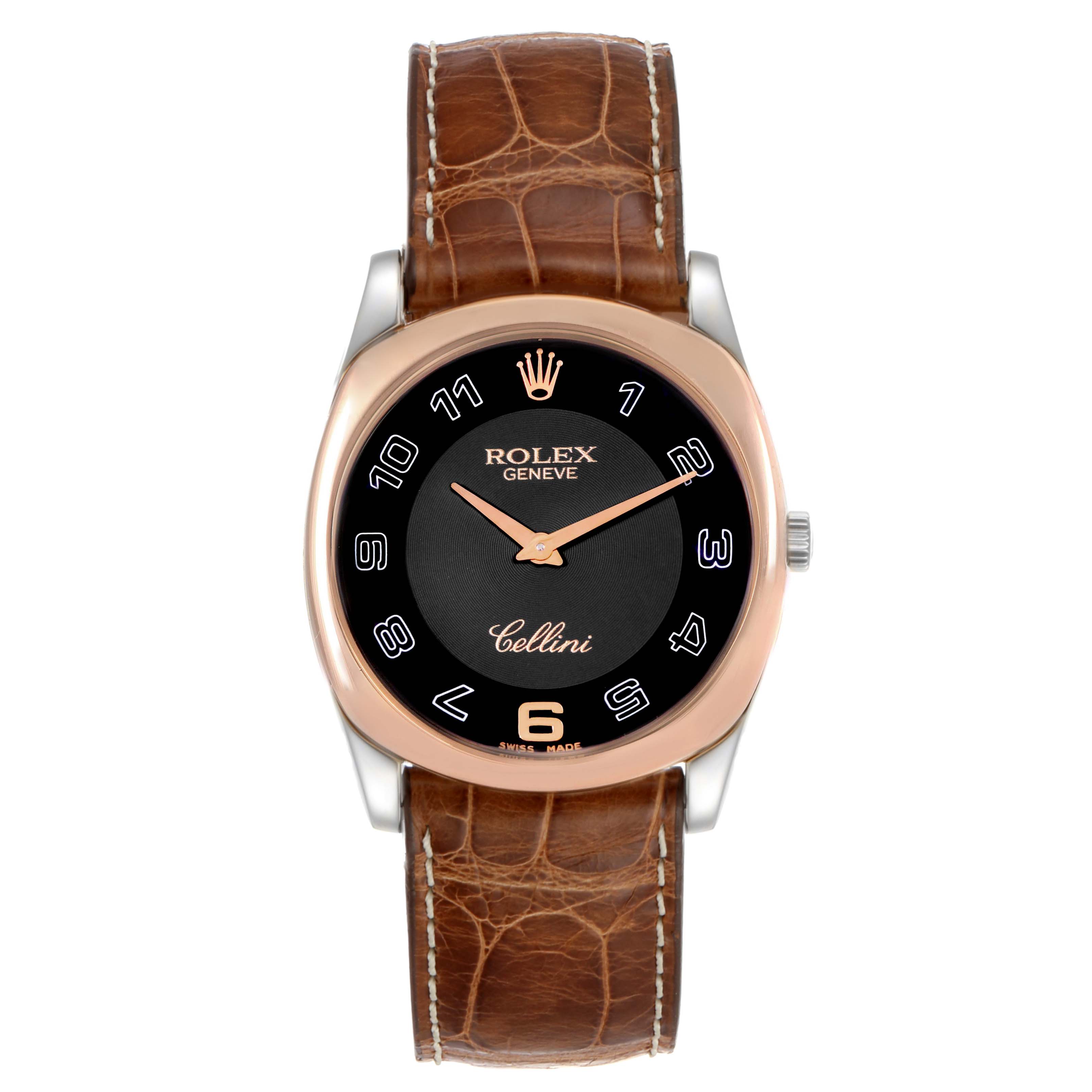 The image shows a front view of a Rolex Cellini 4233 Men's White Gold Black Dial 4233 Men's White Gold Black Dial watch with a brown leather strap and a black dial.