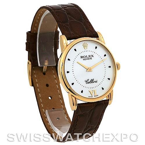 This image shows a Rolex Cellini 5116 Yellow Gold Silver Dial 5116 Yellow Gold Silver Dial with a gold case, white dial, and brown leather strap, angled to display the watch face and strap.