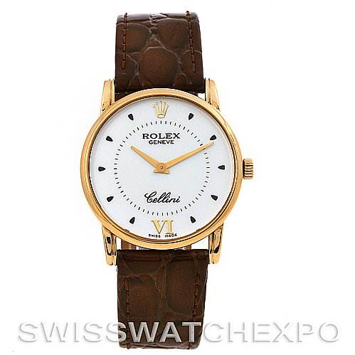 This image shows a front view of the Rolex Cellini 5116 Yellow Gold Silver Dial 5116 Yellow Gold Silver Dial watch, highlighting the white dial, gold case, and brown leather strap.