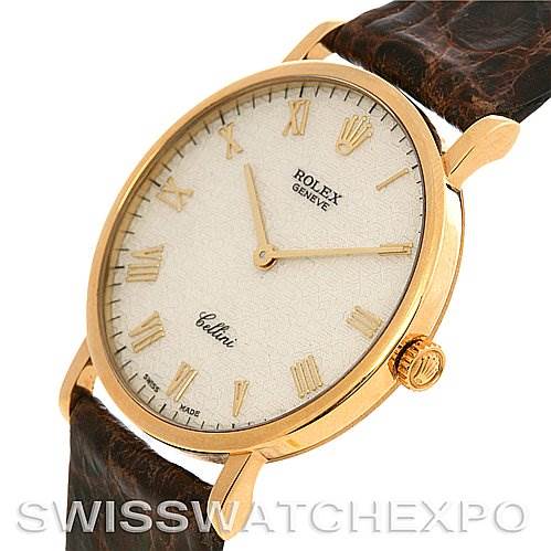 The image shows a side view of the Rolex Cellini 5112 Yellow Gold Beige Dial 5112 Yellow Gold Beige Dial watch, highlighting its dial, crown, and leather strap.