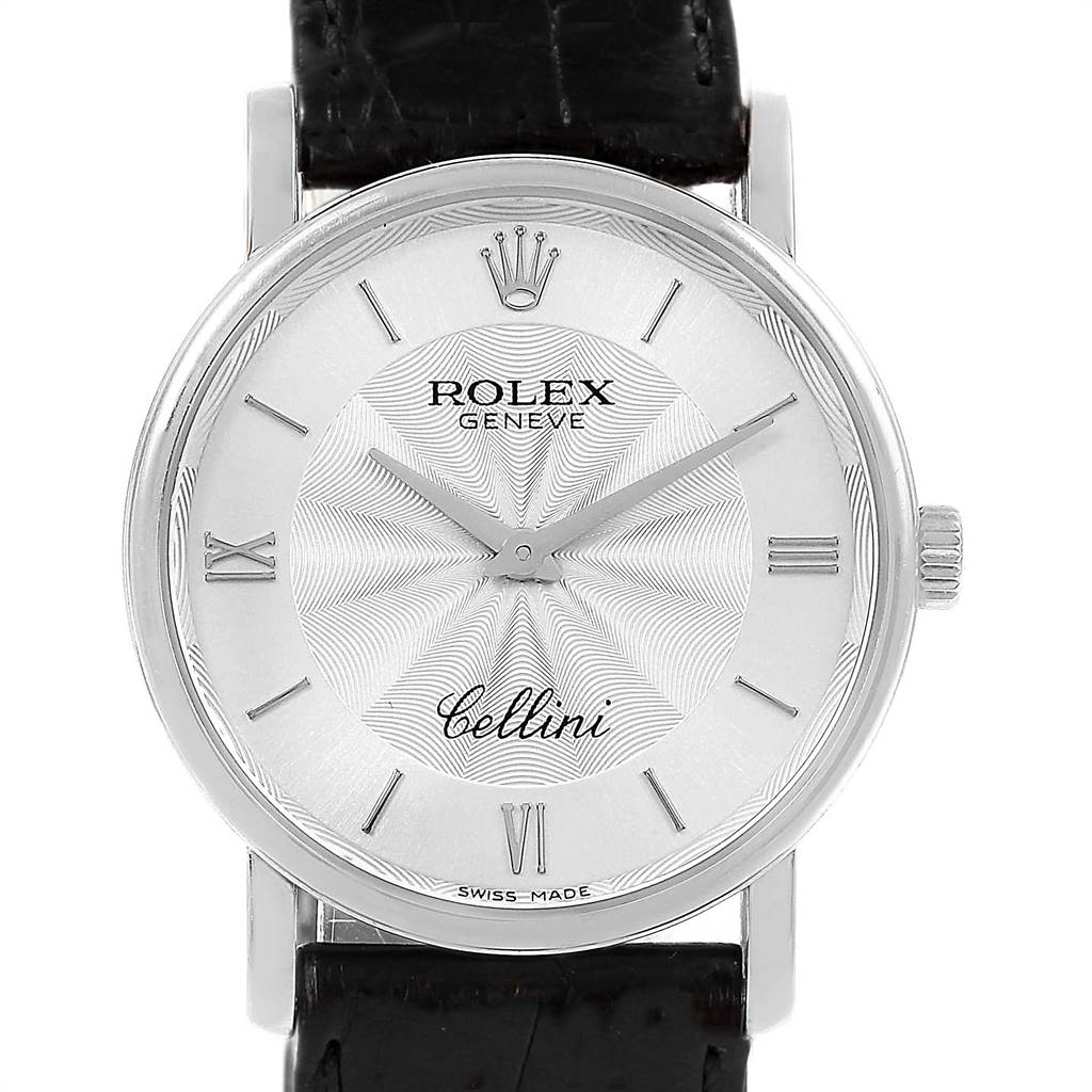This is a front view of the Rolex Cellini 5115 Men's White Gold Silver Dial 5115 Men's White Gold Silver Dial watch, showing its dial, hour markers, hands, crown, and leather strap.