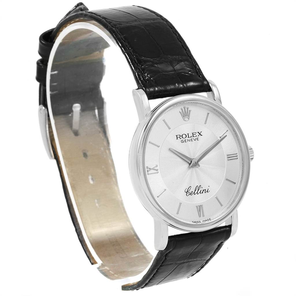 The image shows the Rolex Cellini 5115 Men's White Gold Silver Dial 5115 Men's White Gold Silver Dial watch from a front angle, highlighting its dial and leather strap.