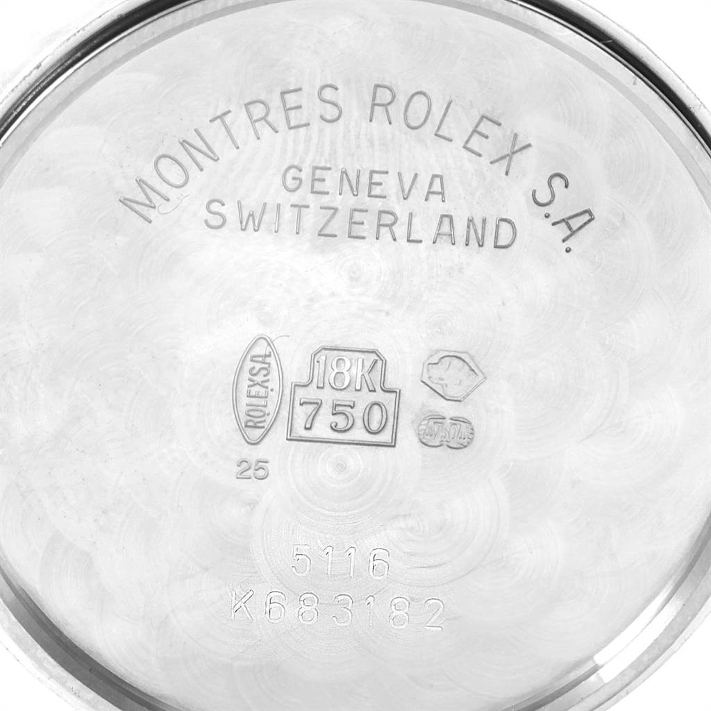 This image shows the inner case back of a Rolex Cellini 5116 Men's White Gold Grey Dial 5116 Men's White Gold Grey Dial watch, displaying various engravings and hallmarks.