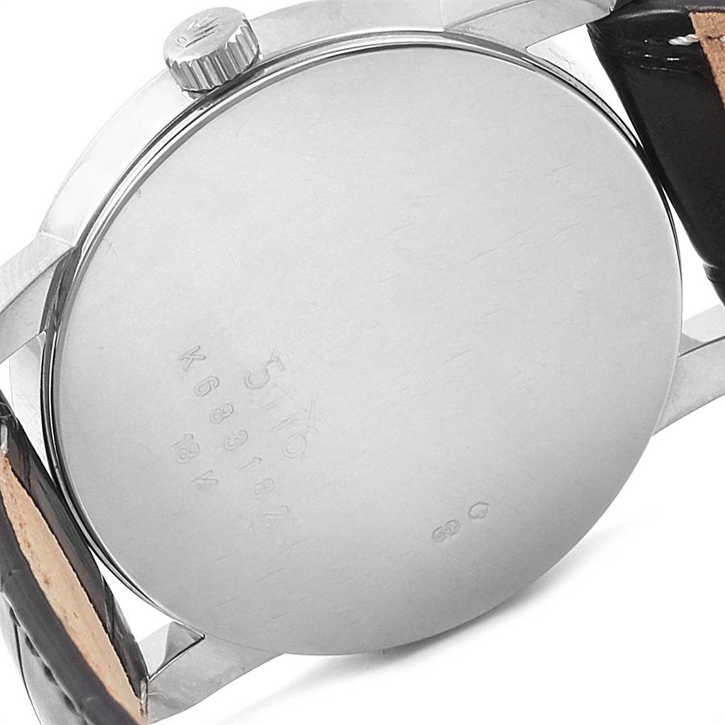 The image shows the back case and part of the straps of a Rolex Cellini 5116 Men's White Gold Grey Dial 5116 Men's White Gold Grey Dial watch.