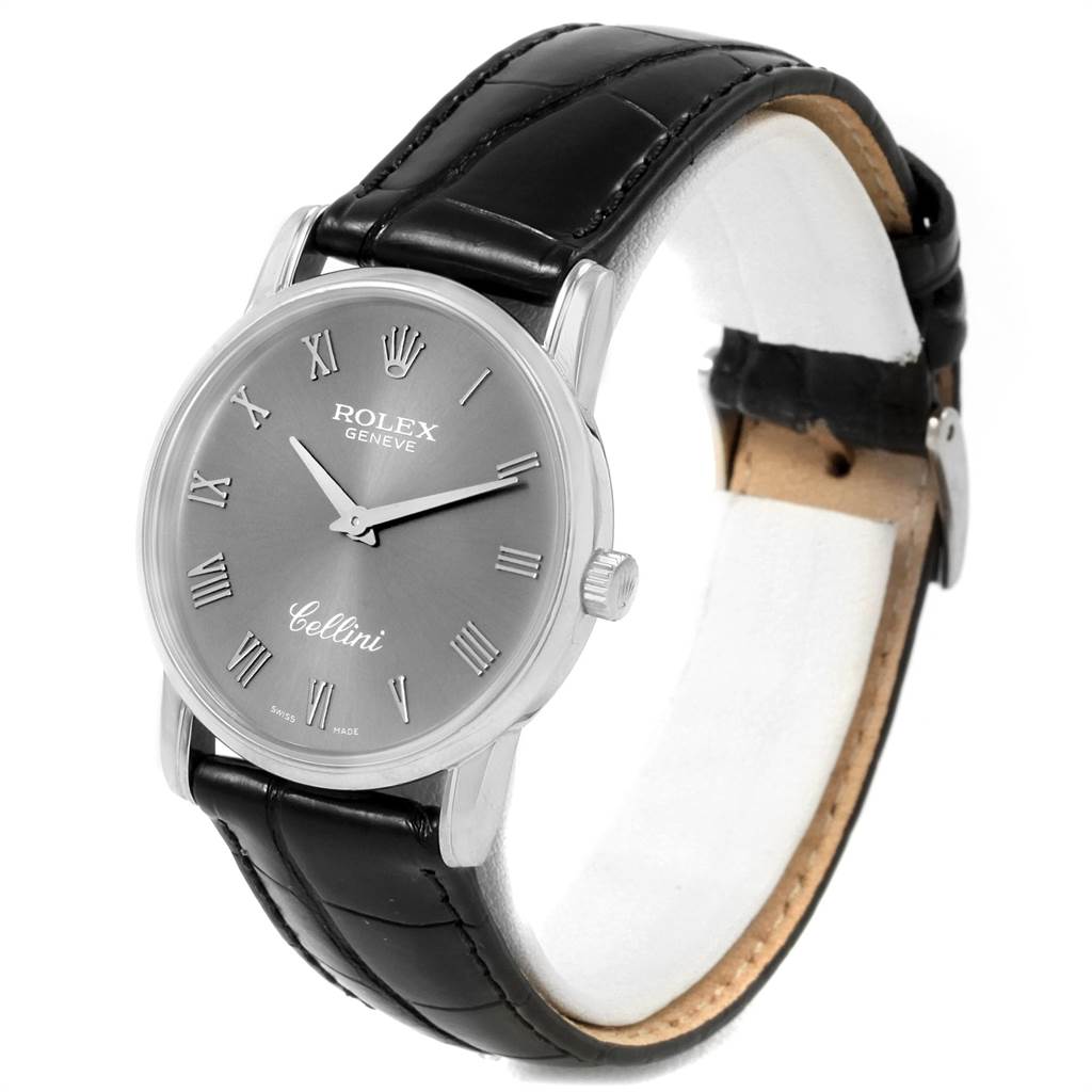 The image shows a Rolex Cellini 5116 Men's White Gold Grey Dial 5116 Men's White Gold Grey Dial watch at a three-quarter angle, highlighting the dial, case, crown, and black leather strap.