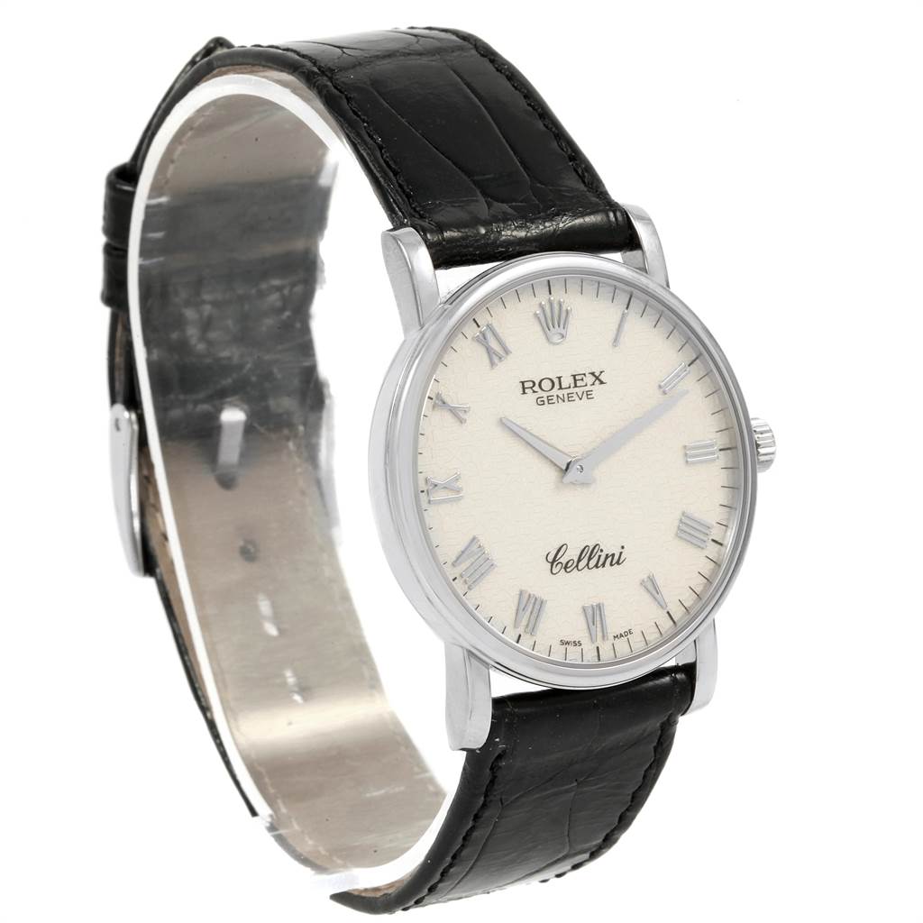 The image shows a Rolex Cellini 5115 Men's White Gold Silver Dial 5115 Men's White Gold Silver Dial watch at a slight angled side view, displaying the watch face and black leather strap.