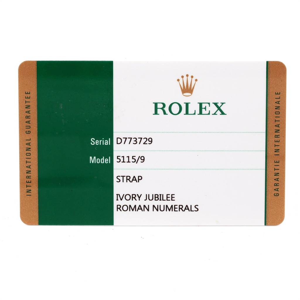 This image shows the guarantee card for a Rolex Cellini 5115 Men's White Gold Silver Dial 5115 Men's White Gold Silver Dial model, listing the serial number and model details.