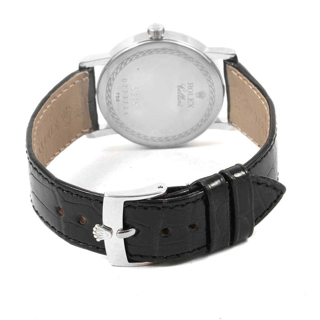 The image shows the back view of a Rolex Cellini 5115 Men's White Gold Silver Dial 5115 Men's White Gold Silver Dial watch, highlighting the case back, strap, and buckle.