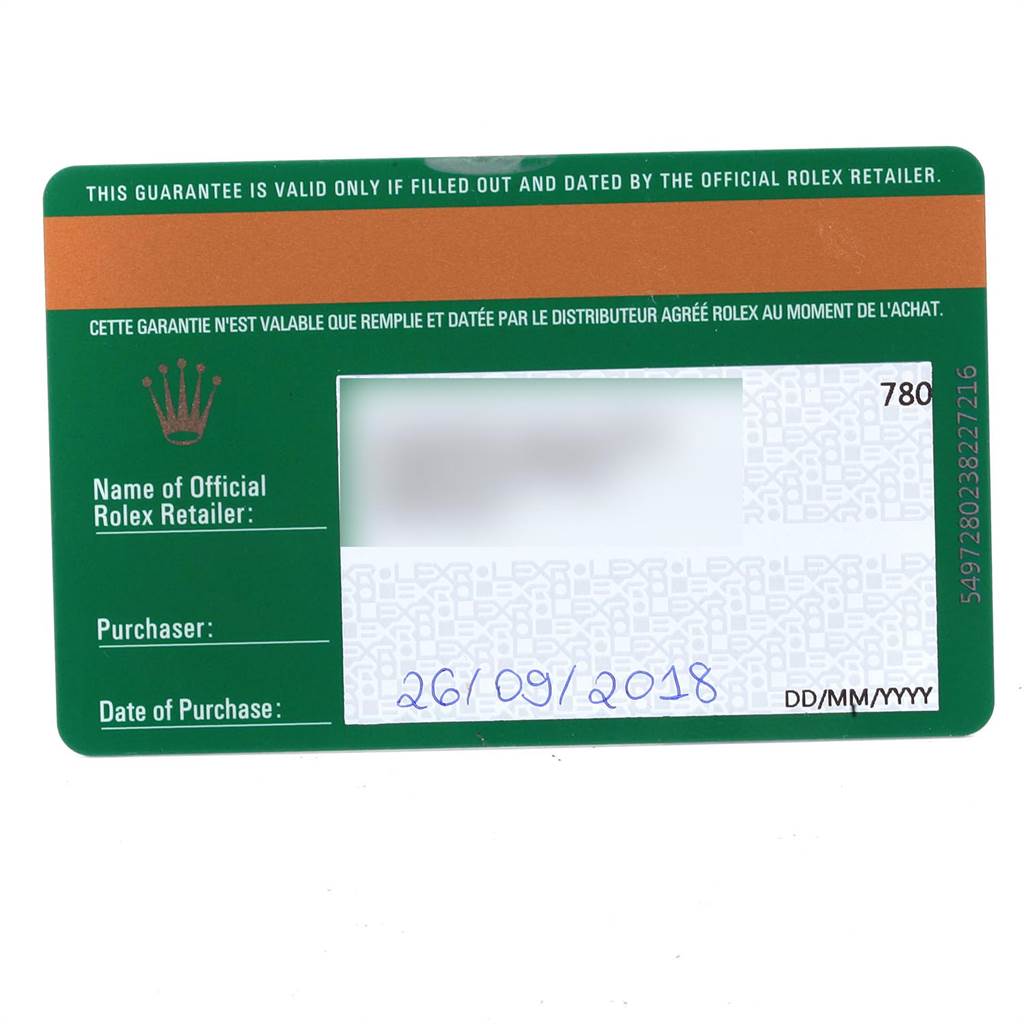 This image shows the warranty card for a Rolex Cellini 5115 Men's White Gold Silver Dial 5115 Men's White Gold Silver Dial watch, displaying details like purchase date and retailer.