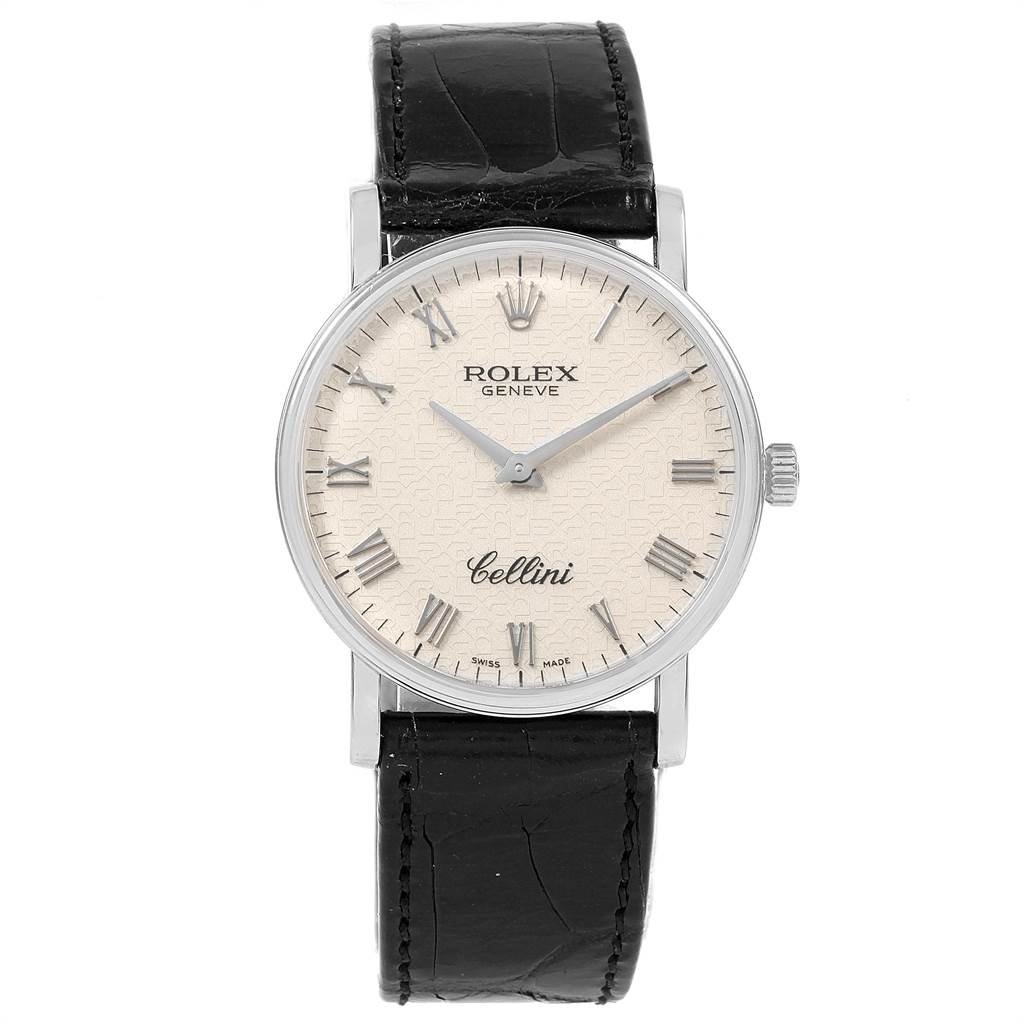 The image shows the Rolex Cellini 5115 Men's White Gold Silver Dial 5115 Men's White Gold Silver Dial model watch from a front angle, highlighting the dial, hands, and leather strap.