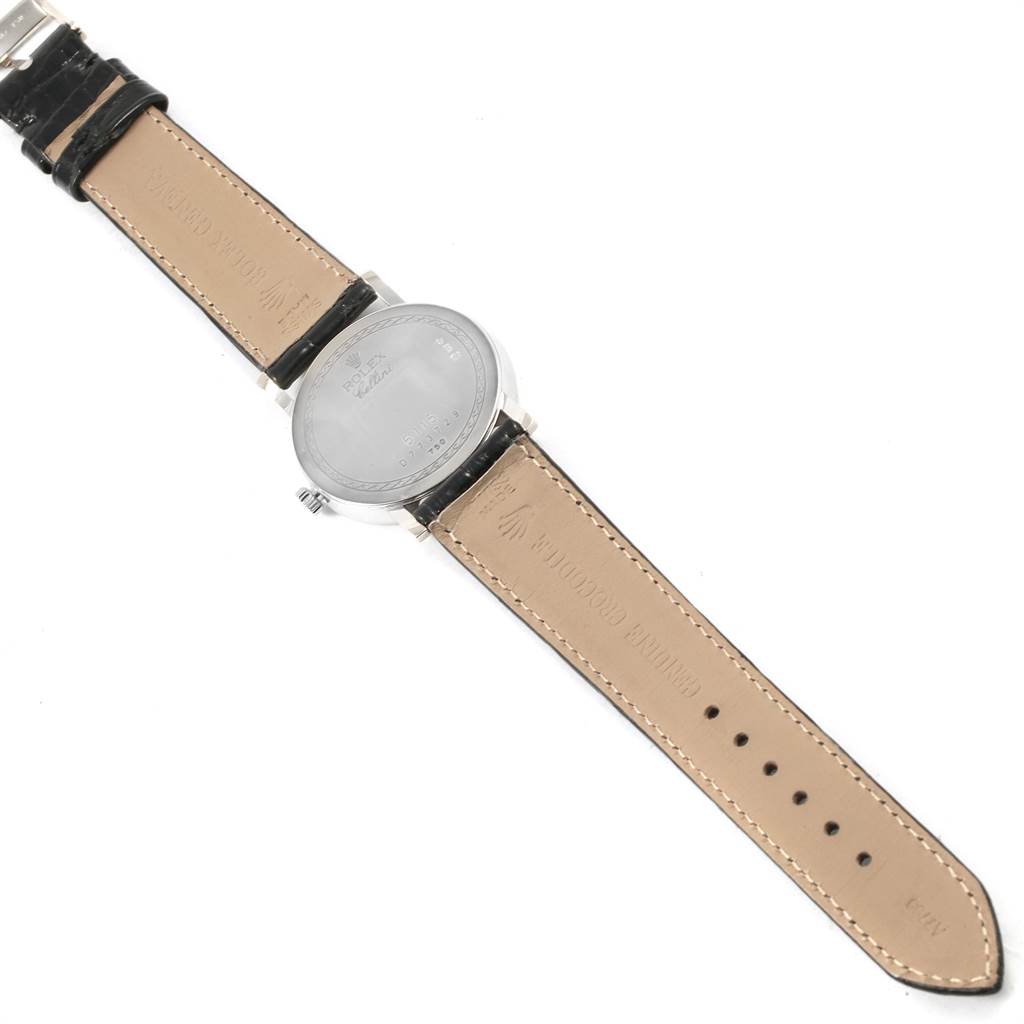 The image shows the back view of a Rolex Cellini 5115 Men's White Gold Silver Dial 5115 Men's White Gold Silver Dial watch, highlighting the leather strap and the case back.