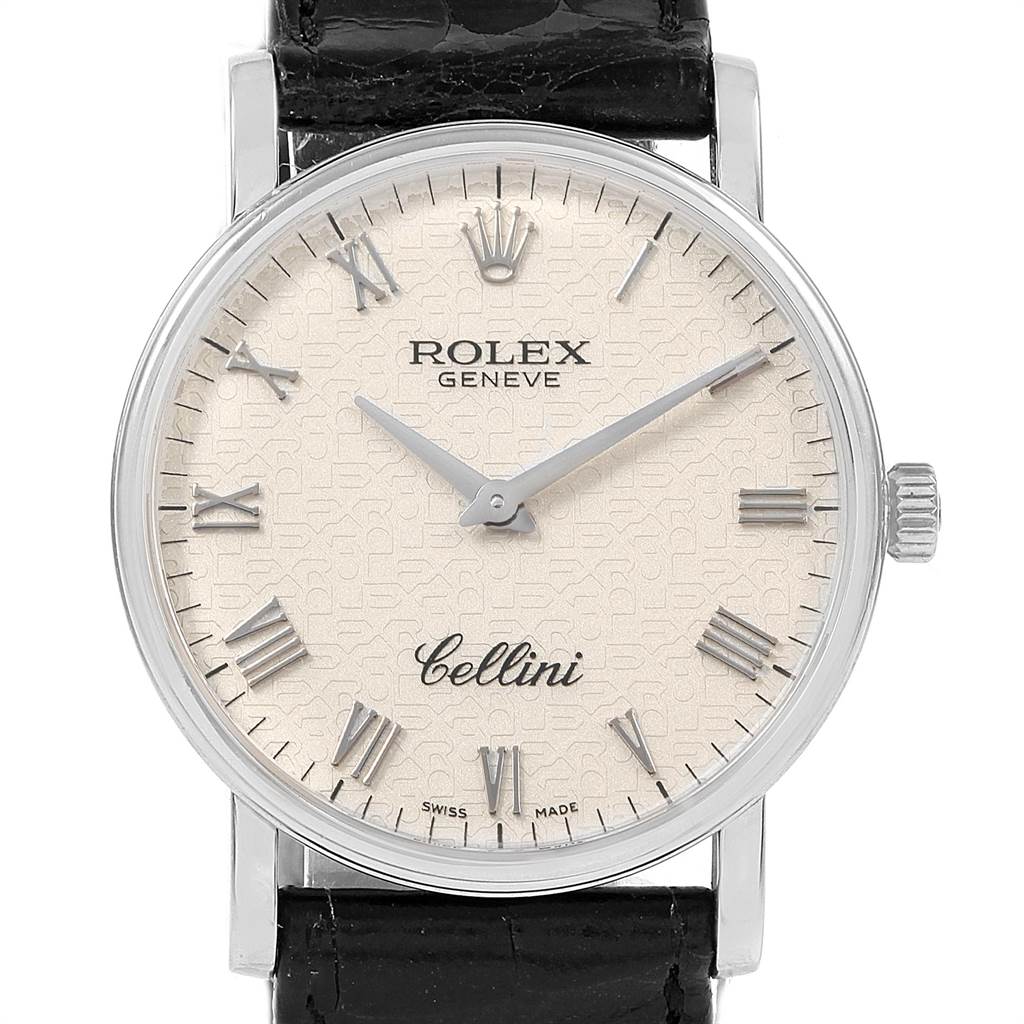 The image shows a front view of a Rolex Cellini 5115 Men's White Gold Silver Dial 5115 Men's White Gold Silver Dial watch, highlighting the dial, Roman numeral hour markers, and black leather strap.