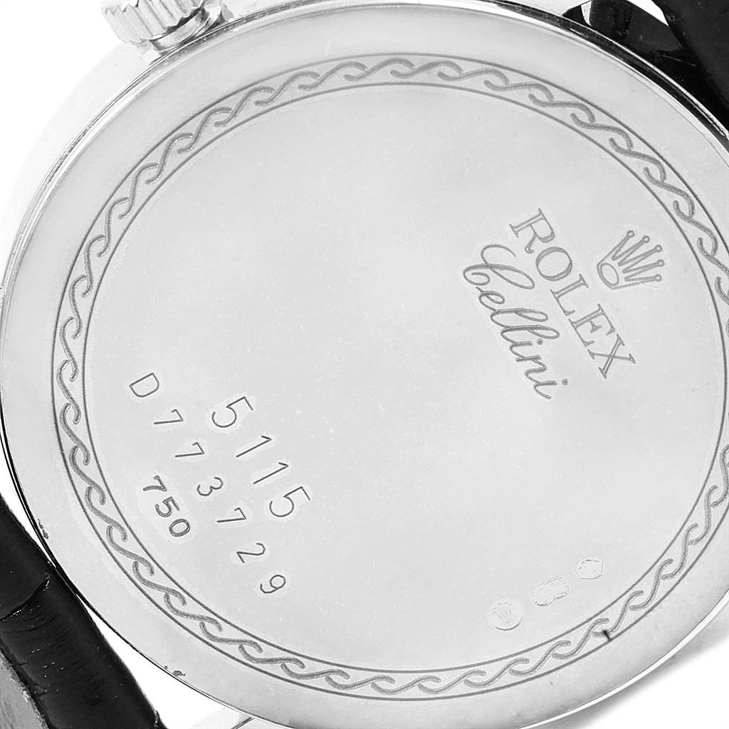 The image shows the back case of a Rolex Cellini 5115 Men's White Gold Silver Dial 5115 Men's White Gold Silver Dial watch, with the model and serial numbers engraved.