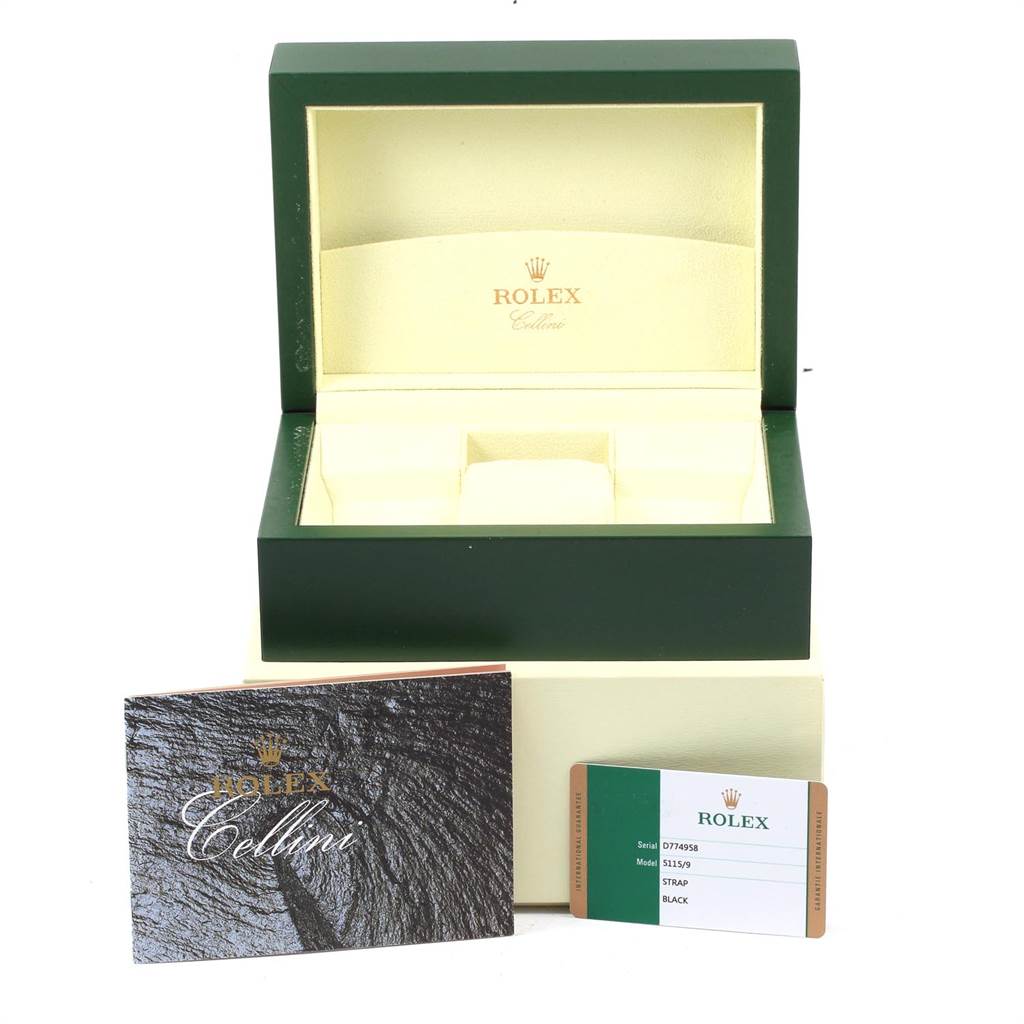 The image shows an open Rolex Cellini 5115 Men's White Gold Black Dial 5115 Men's White Gold Black Dial watch box, a booklet, and an authenticity card from a frontal angle.