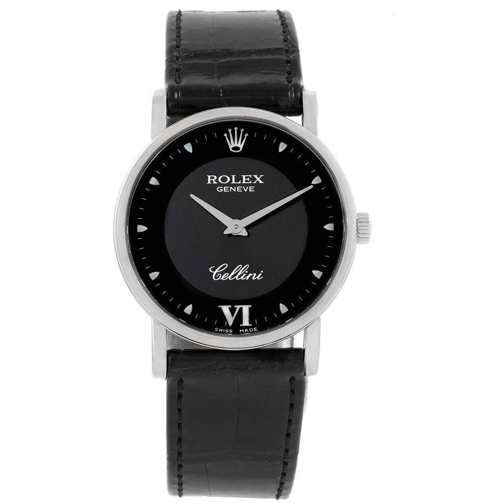The image shows the Rolex Cellini 5115 Men's White Gold Black Dial 5115 Men's White Gold Black Dial watch from a front angle, highlighting its black dial and leather strap.