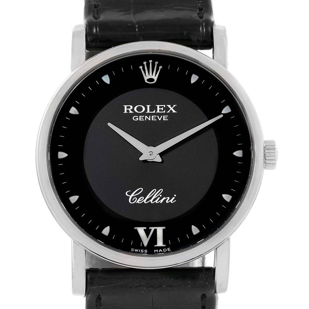 Front view of the Rolex Cellini 5115 Men's White Gold Black Dial 5115 Men's White Gold Black Dial watch showing the black dial, silver hands, and black leather strap.
