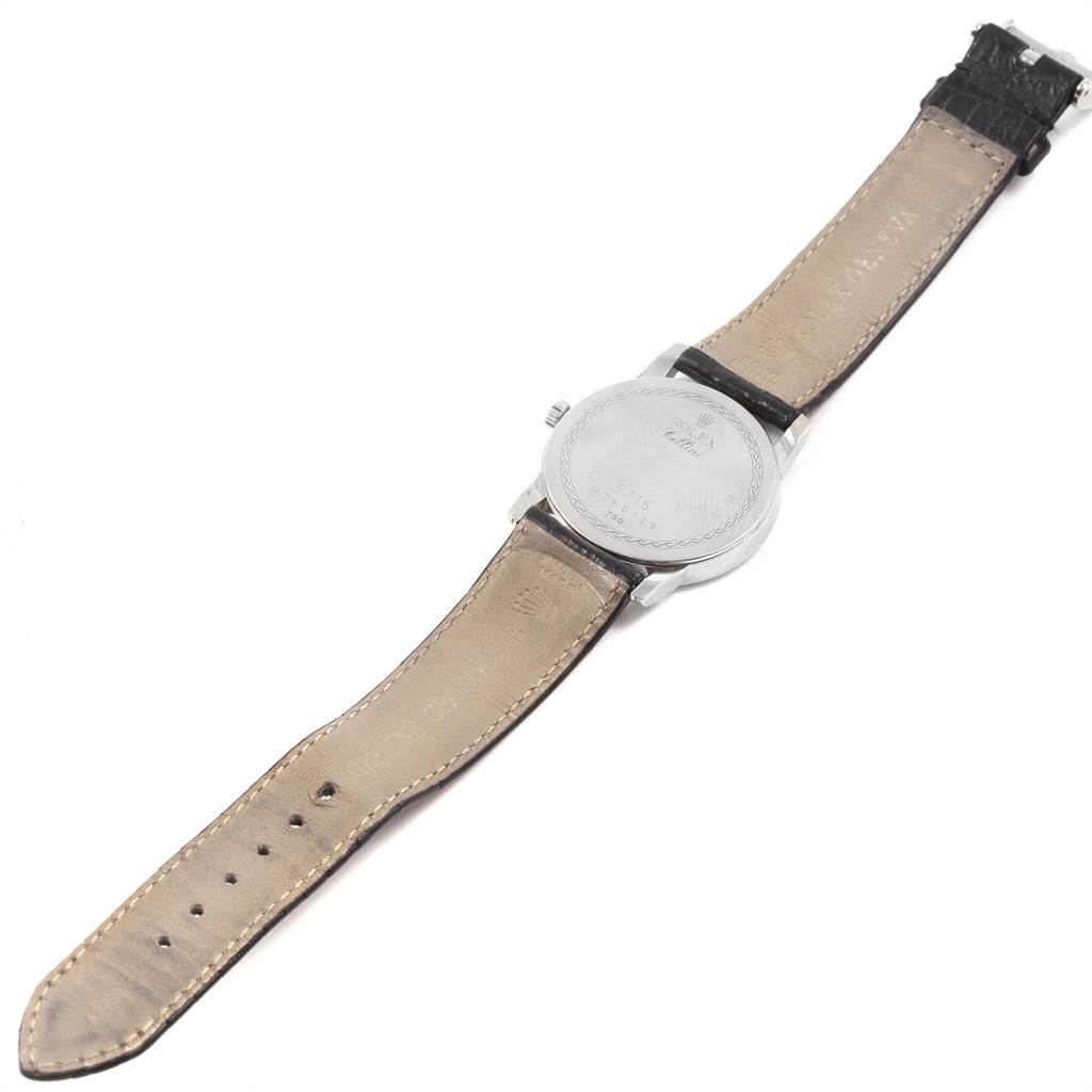 The image shows the back case and strap of a Rolex Cellini 5116 Men's White Gold Black Dial 5116 Men's White Gold Black Dial watch, taken from a top-down angle.