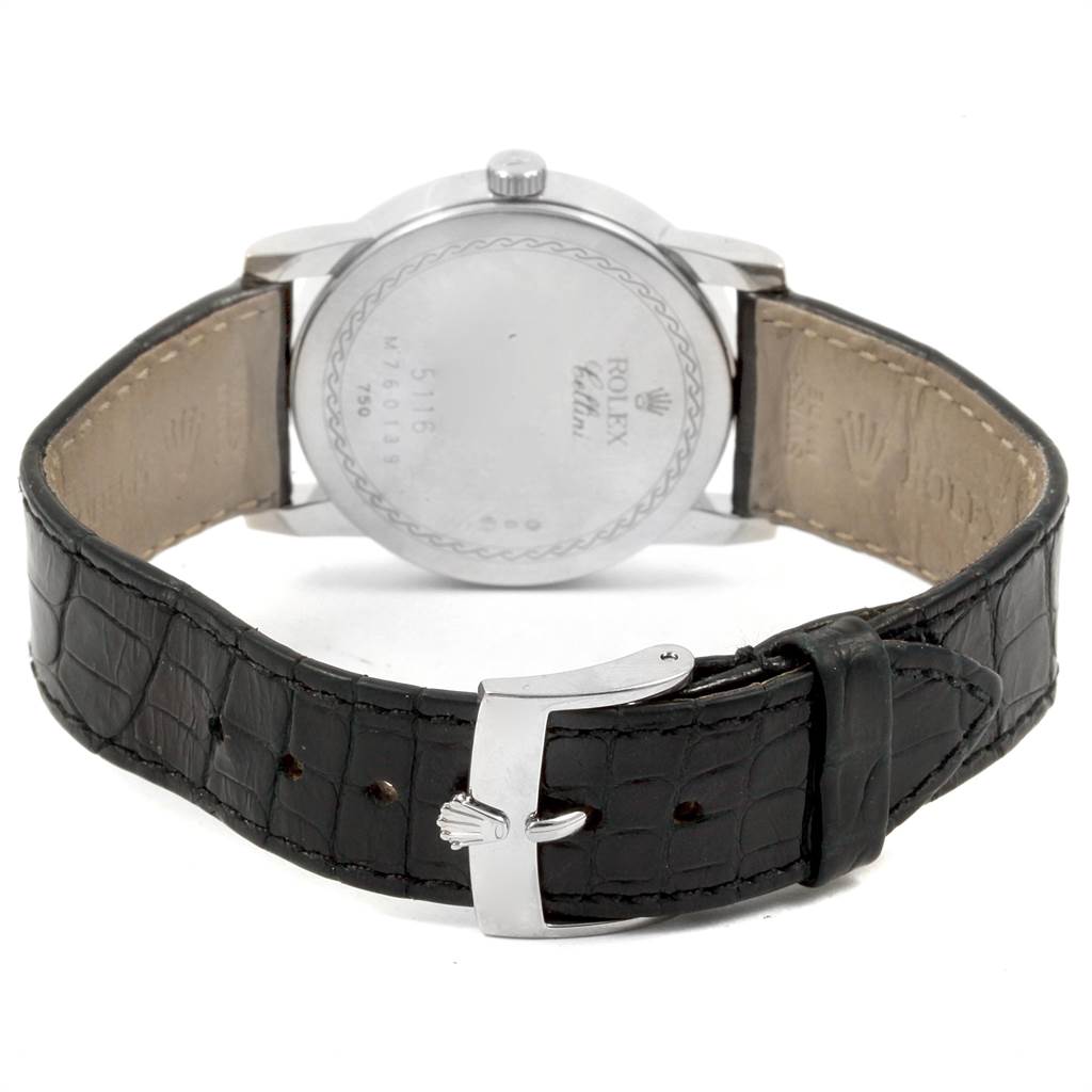 This image shows the back of a Rolex Cellini 5116 Men's White Gold Black Dial 5116 Men's White Gold Black Dial watch, highlighting the case back, leather strap, and buckle.