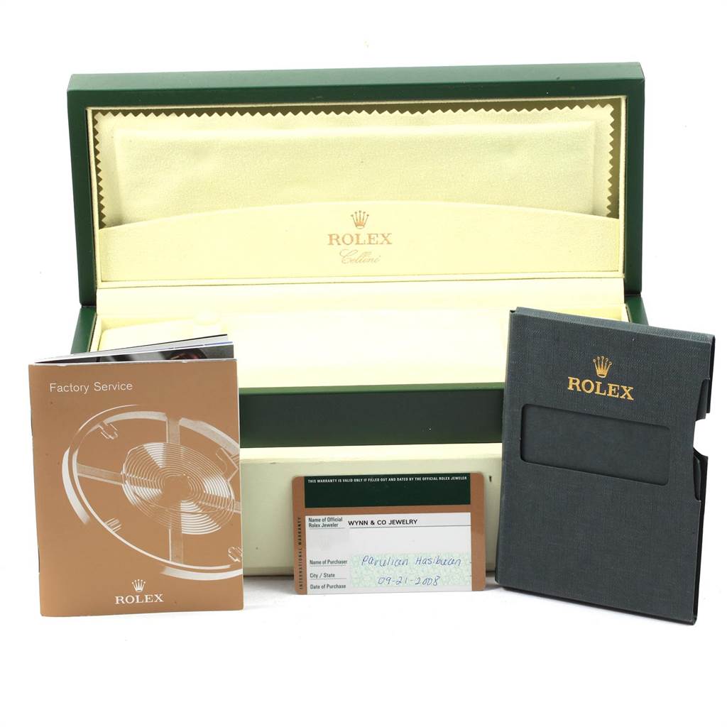 The image shows the box, warranty card, factory service booklet, and cardholder for a Rolex Cellini 5116 Men's White Gold Black Dial 5116 Men's White Gold Black Dial watch at a frontal angle.