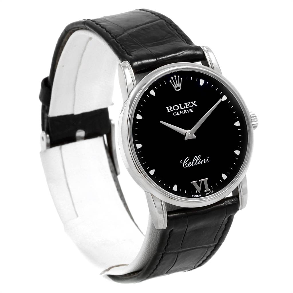 The image shows a Rolex Cellini 5116 Men's White Gold Black Dial 5116 Men's White Gold Black Dial watch from a front angle, displaying the face, bezel, and leather strap.