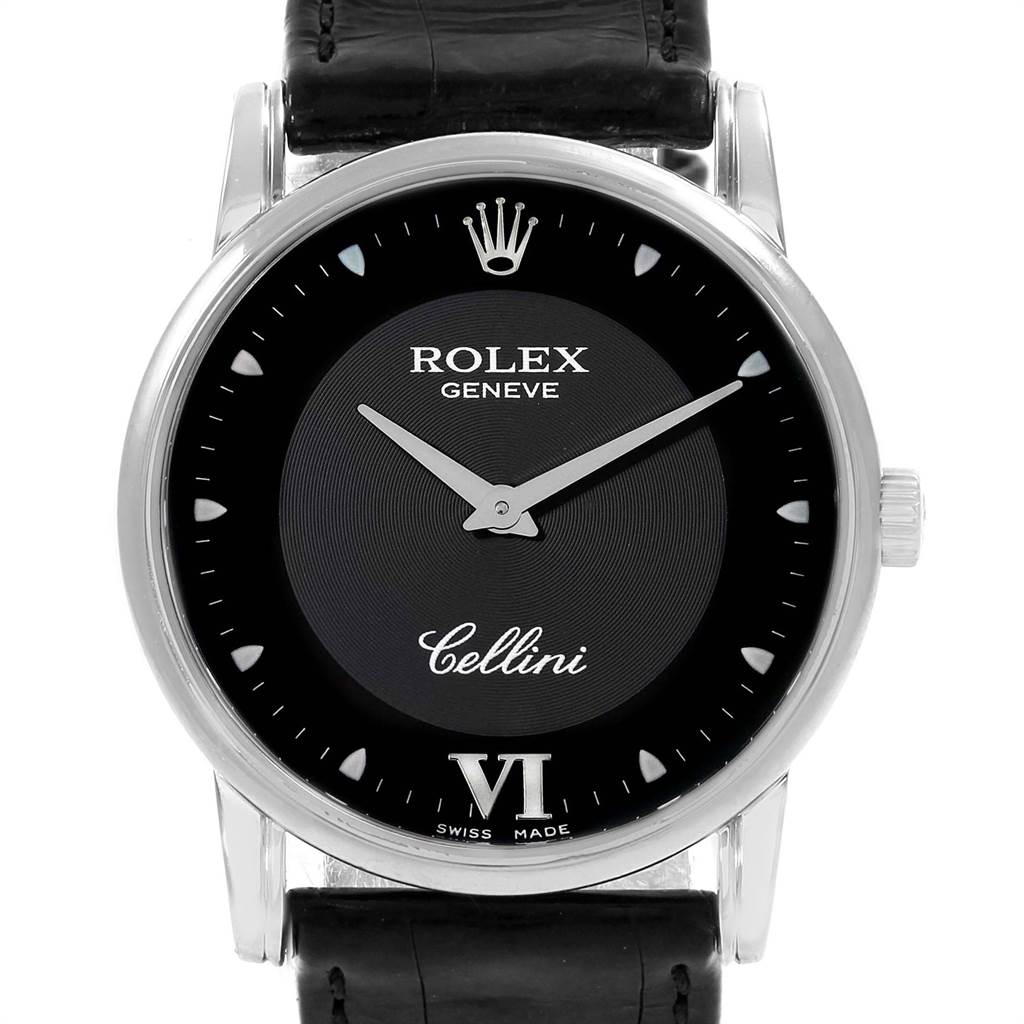 This image shows a front view of the Rolex Cellini 5116 Men's White Gold Black Dial 5116 Men's White Gold Black Dial watch, highlighting its dial, hands, crown, and part of the leather strap.