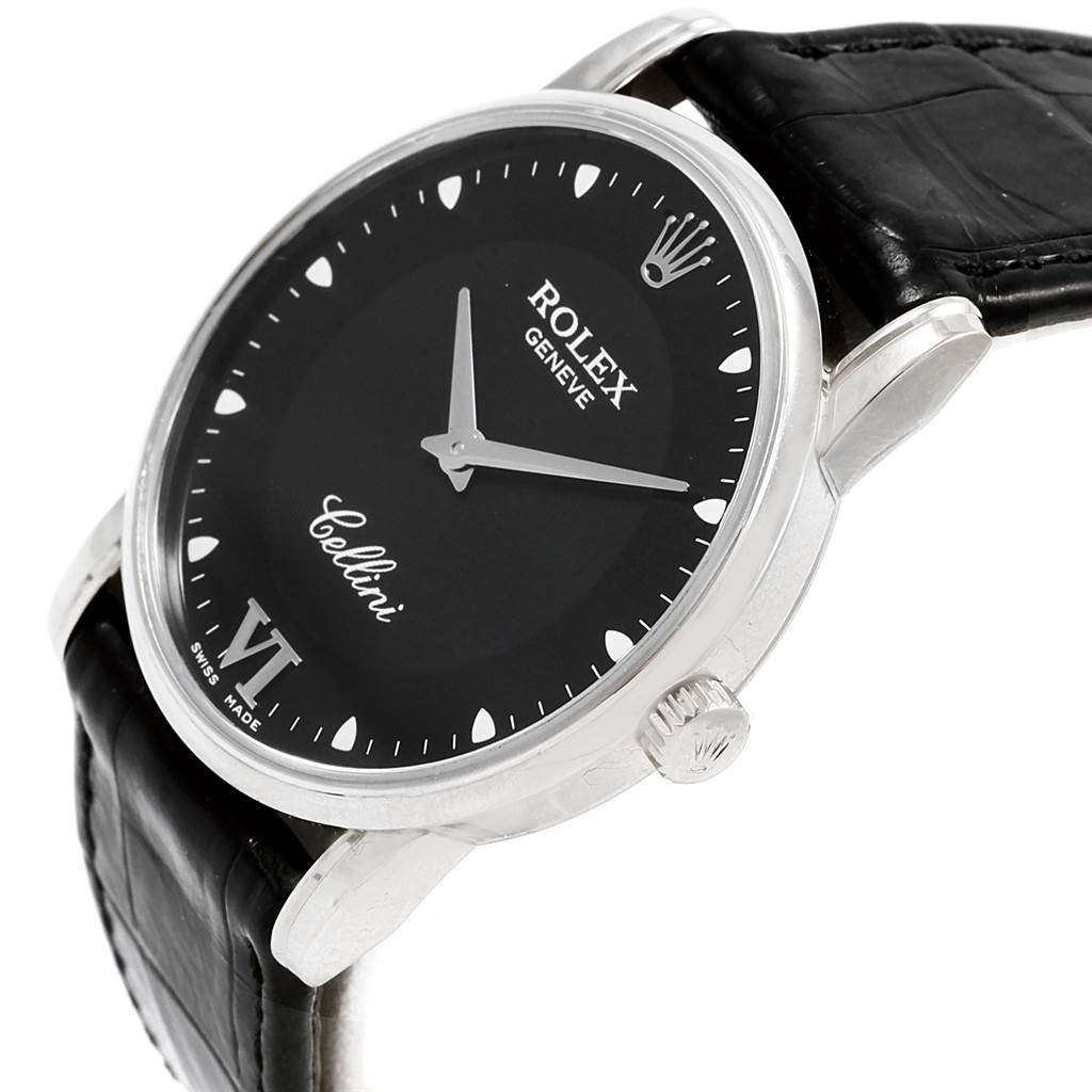 The image shows a side angle of the Rolex Cellini 5116 Men's White Gold Black Dial 5116 Men's White Gold Black Dial watch, highlighting the dial, bezel, case, crown, and leather strap.