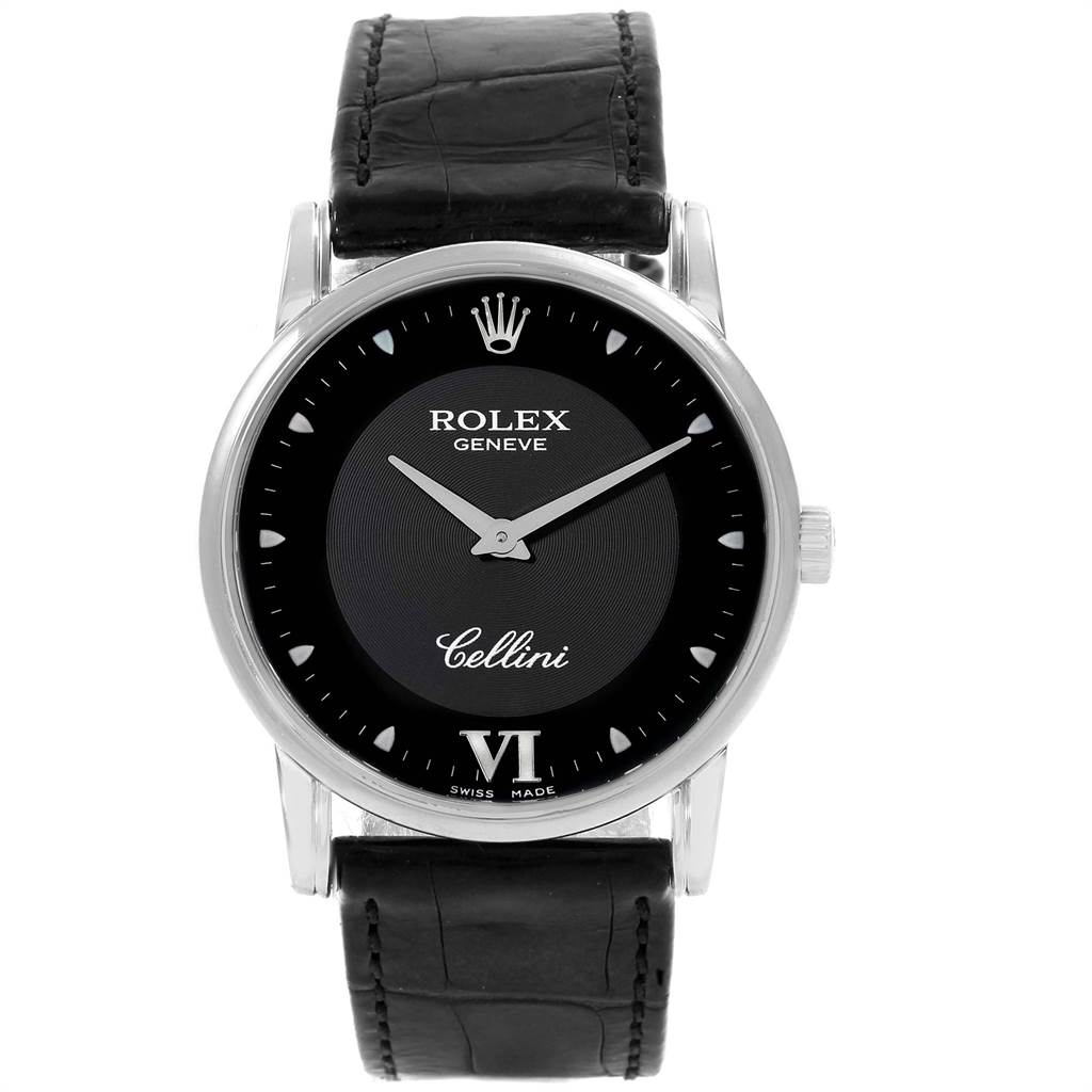 The image shows a front view of a Rolex Cellini 5116 Men's White Gold Black Dial 5116 Men's White Gold Black Dial watch, highlighting its dial, case, and leather strap.