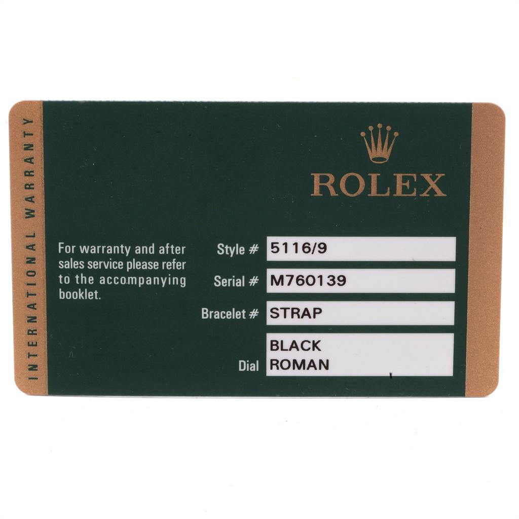 The image shows a warranty card for the Rolex Cellini 5116 Men's White Gold Black Dial 5116 Men's White Gold Black Dial model 5116/9, indicating a strap bracelet and black Roman dial.