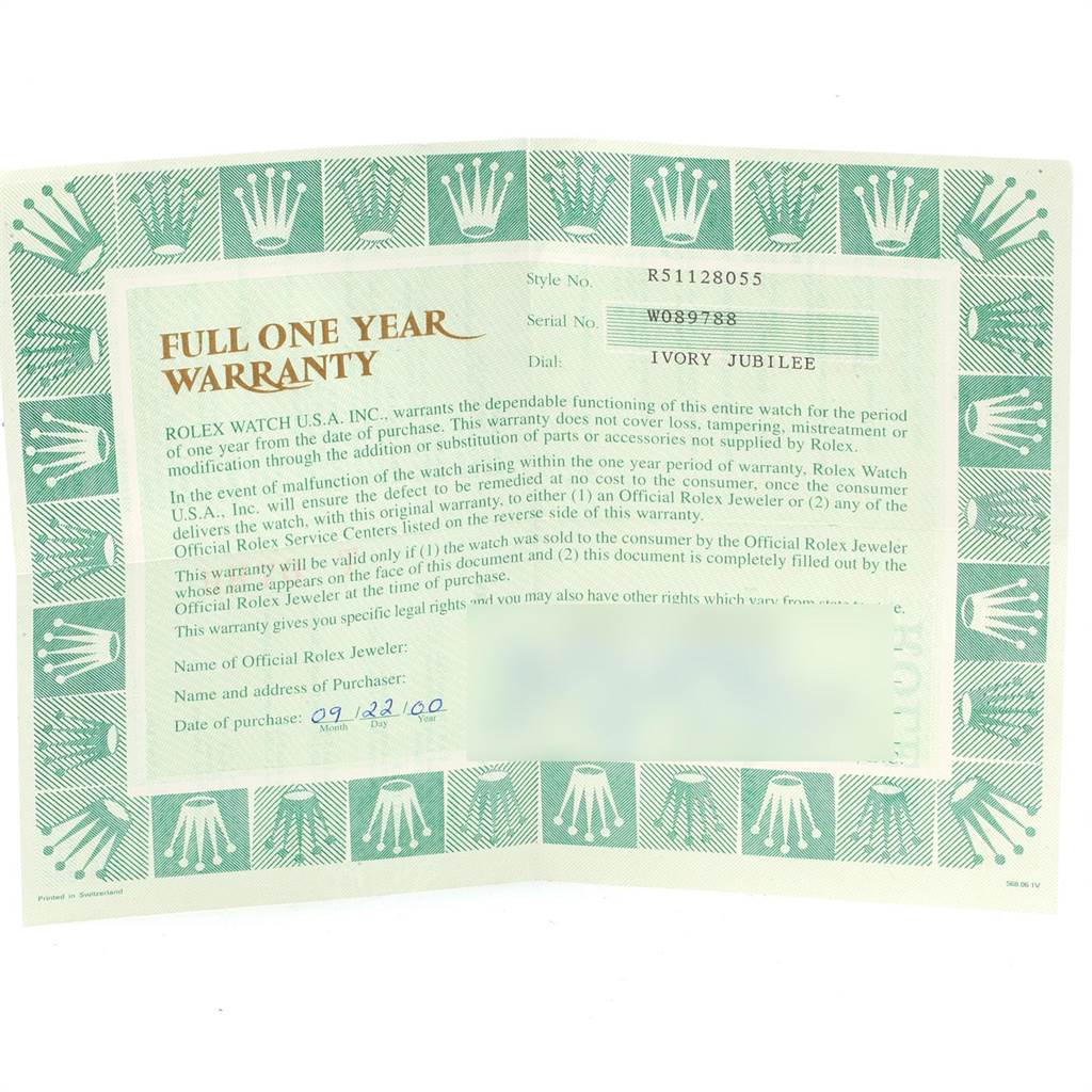 The image shows a warranty card for a Rolex Cellini 5112 Men
s Yellow Gold Beige Dial 5112 Men
s Yellow Gold Beige Dial model, detailing the warranty terms and purchase information.
