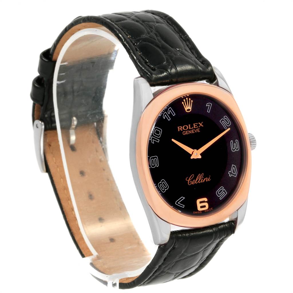The image shows a Rolex Cellini 4233 White Gold Black Dial 4233 White Gold Black Dial watch at a slight angled view, highlighting its black leather strap, black dial, and rose gold bezel.