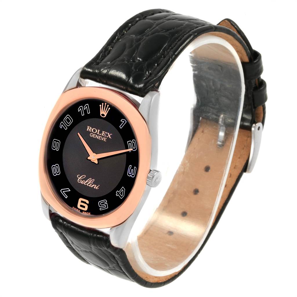 The Rolex Cellini 4233 White Gold Black Dial 4233 White Gold Black Dial watch is shown from an oblique angle, highlighting its dial, bezel, crown, and leather strap.