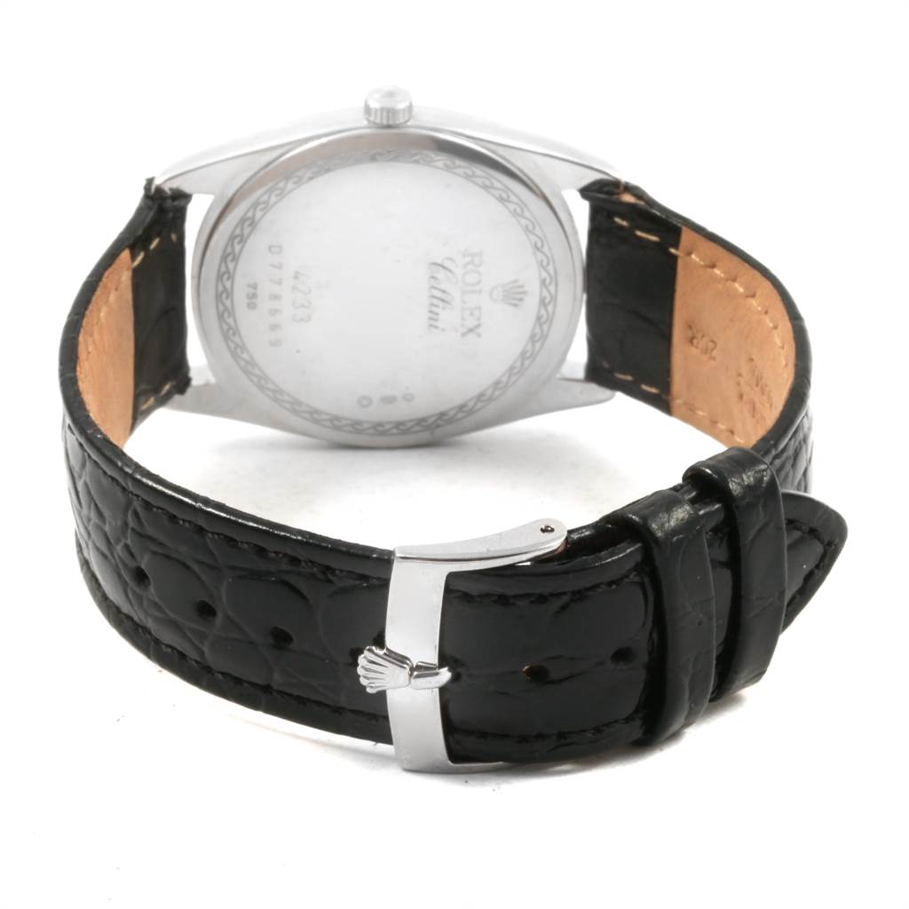 The image shows the back and clasp of a Rolex Cellini 4233 White Gold Black Dial 4233 White Gold Black Dial watch, focusing on the leather strap and buckle.