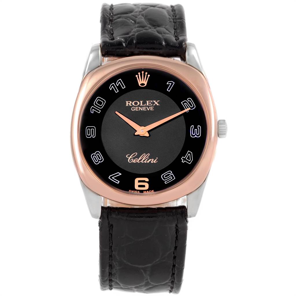 This Cellini model by Rolex is shown from a front angle, highlighting its face, crown, and leather strap.