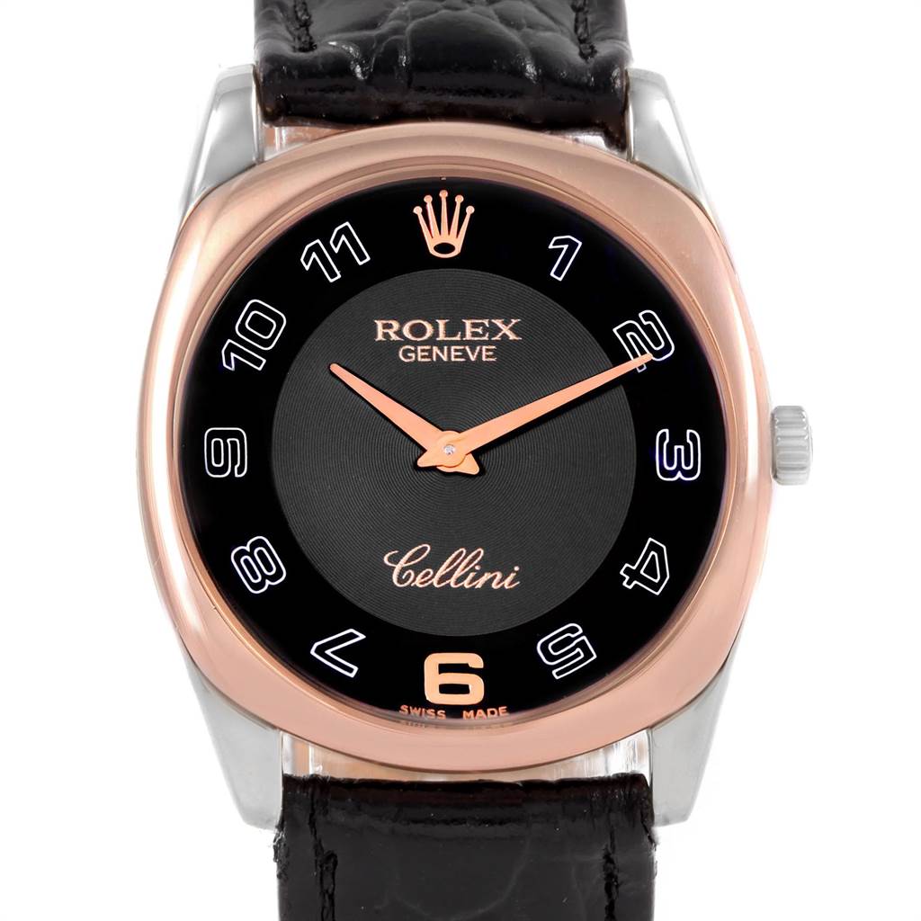 The image shows a full frontal view of a Rolex Cellini 4233 White Gold Black Dial 4233 White Gold Black Dial watch, displaying the dial, crown, and part of the leather strap.