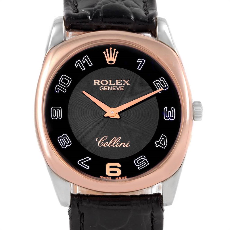 Rolex Cellini Danaos White Rose Gold Black Strap Mens Watch 4233 SwissWatchExpo