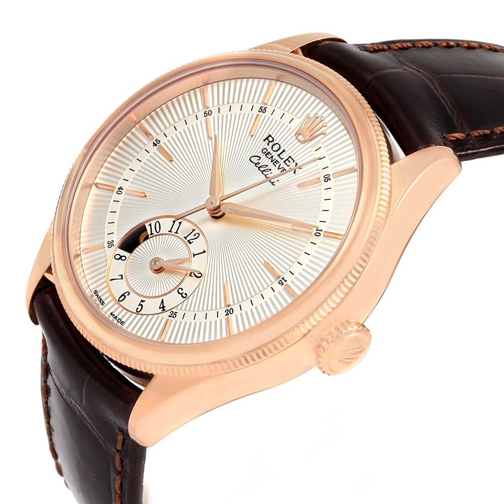 The Rolex Cellini 50525 Men
s Rose Gold Silver Dial 50525 Men
s Rose Gold Silver Dial watch is shown from a front angle, displaying its dial, hands, crown, and brown leather strap.