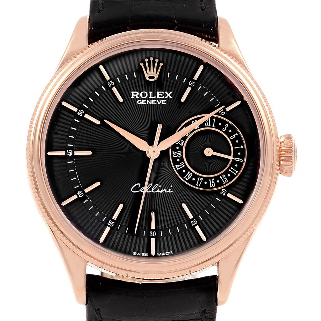 The image shows a front view of the Rolex Cellini 50515 Men
s Rose Gold Black Dial 50515 Men
s Rose Gold Black Dial watch, highlighting its black dial, date subdial, and rose gold case.