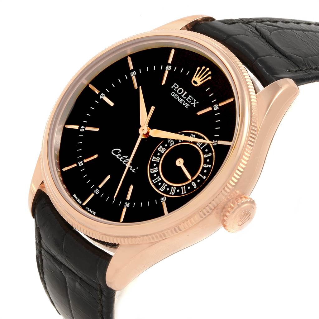 The image shows a Rolex Cellini 50515 Men
s Rose Gold Black Dial 50515 Men
s Rose Gold Black Dial watch from a slightly tilted angle, highlighting its black dial, rose gold case, and black leather strap.