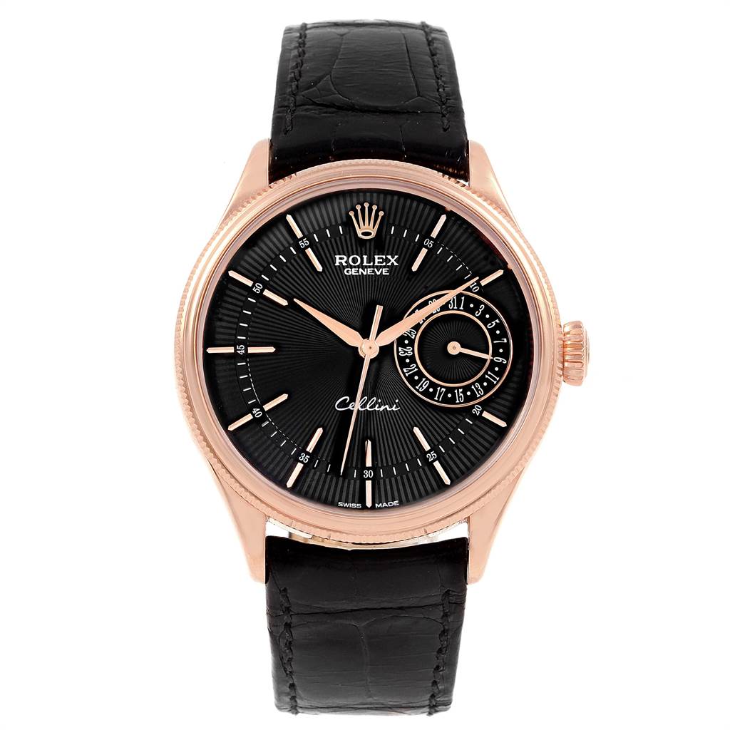 This image shows a front view of the Rolex Cellini 50515 Men
s Rose Gold Black Dial 50515 Men
s Rose Gold Black Dial watch, featuring its dial, hands, crown, and leather strap.