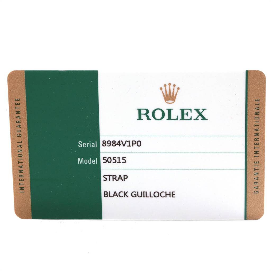 This image displays the international guarantee card for a Rolex Cellini 50515 Men
s Rose Gold Black Dial 50515 Men
s Rose Gold Black Dial model with a black guilloche strap, model number 50515.
