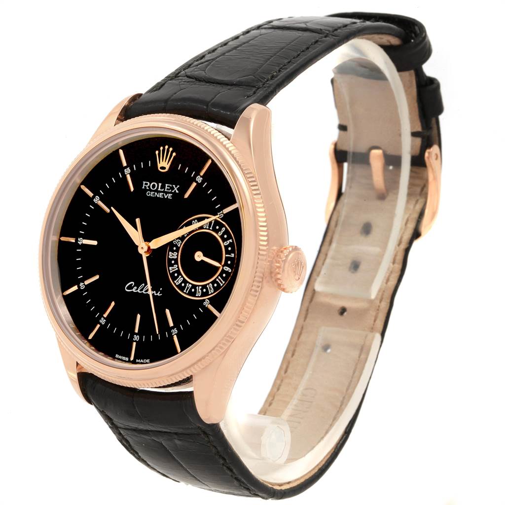 The Rolex Cellini 50515 Men
s Rose Gold Black Dial 50515 Men
s Rose Gold Black Dial watch is shown at a front angle, displaying its black dial, rose gold case, and black leather strap.