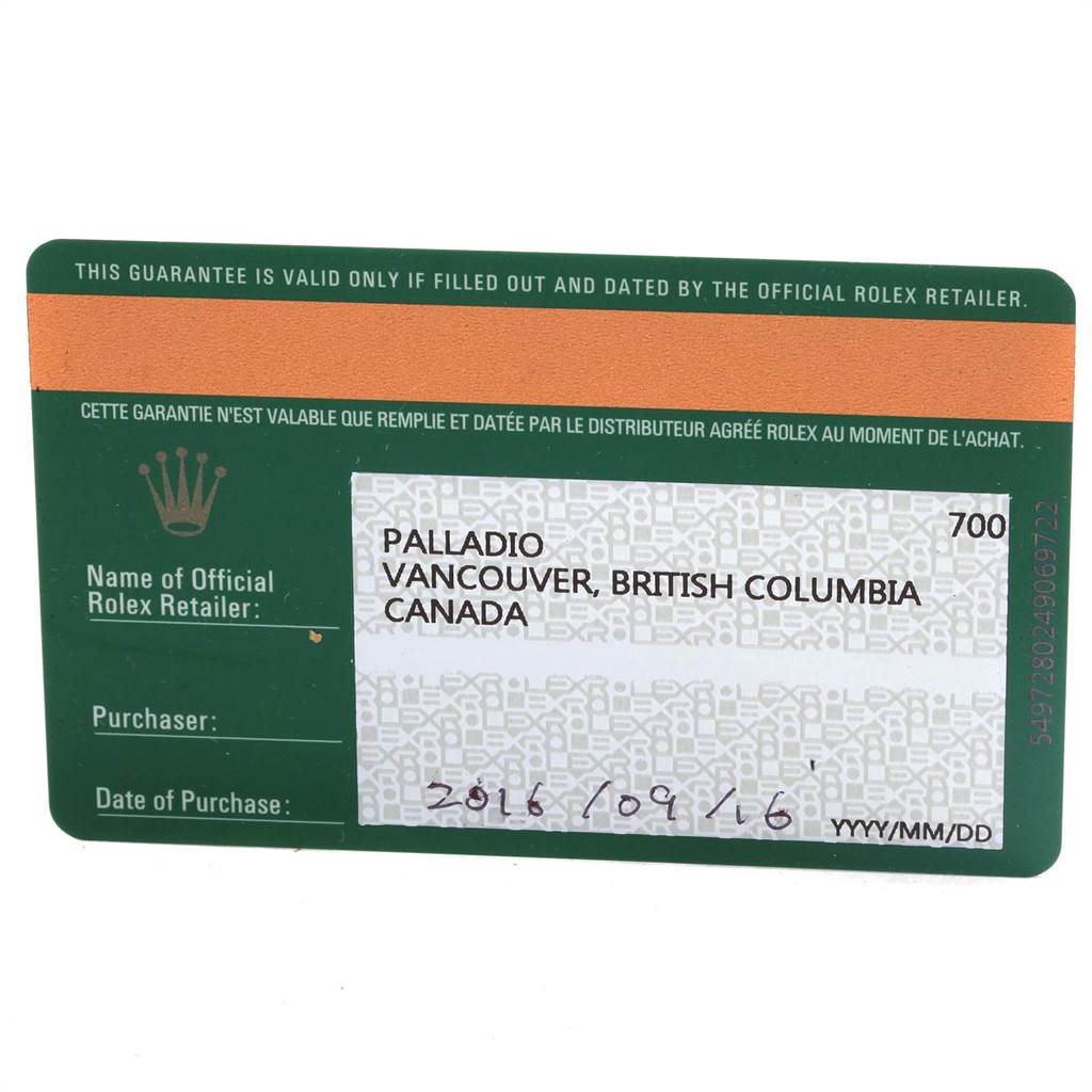 This is a warranty card for the Rolex Cellini 50515 Men
s Rose Gold Black Dial 50515 Men
s Rose Gold Black Dial watch, displaying the retailer information and purchase date.