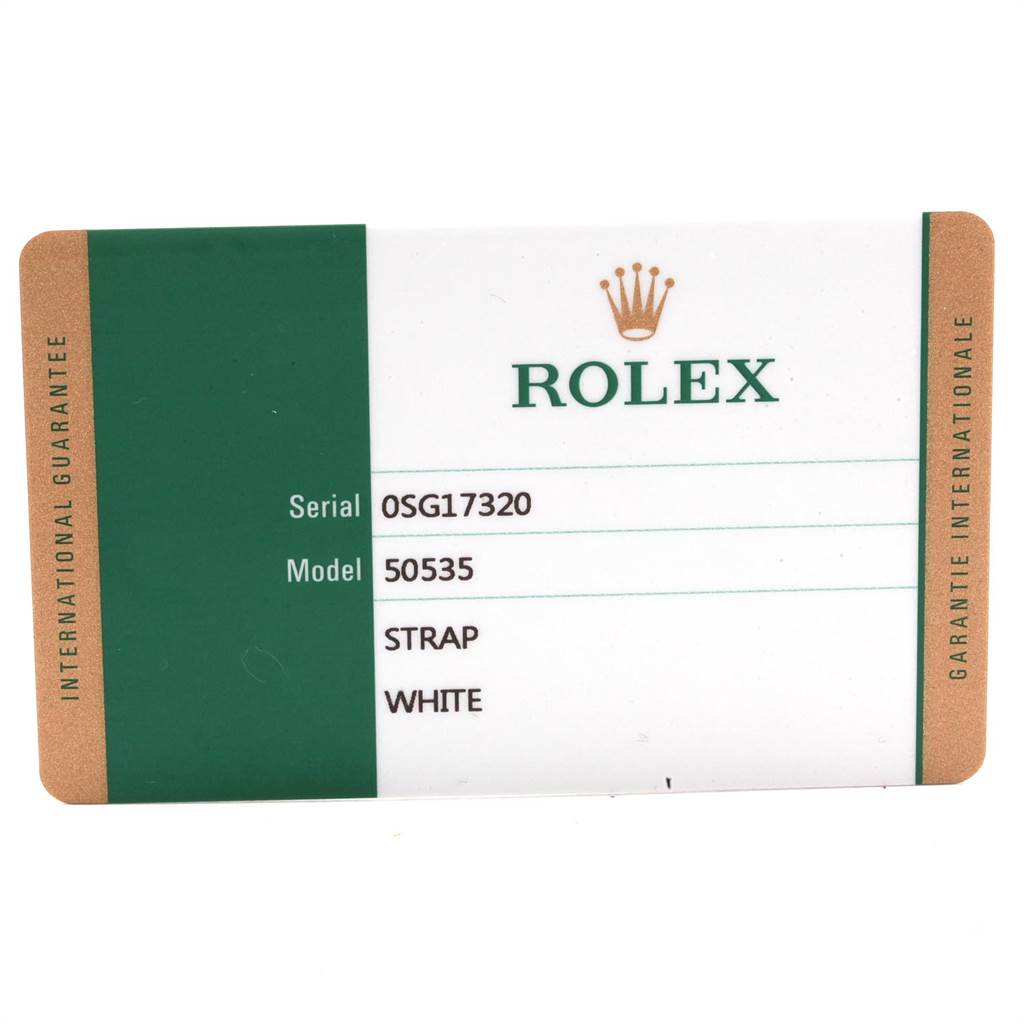 The image shows a warranty card for the Rolex Cellini 50525 Men's Rose Gold White Dial 50525 Men's Rose Gold White Dial model 50535, specifically for a white strap.