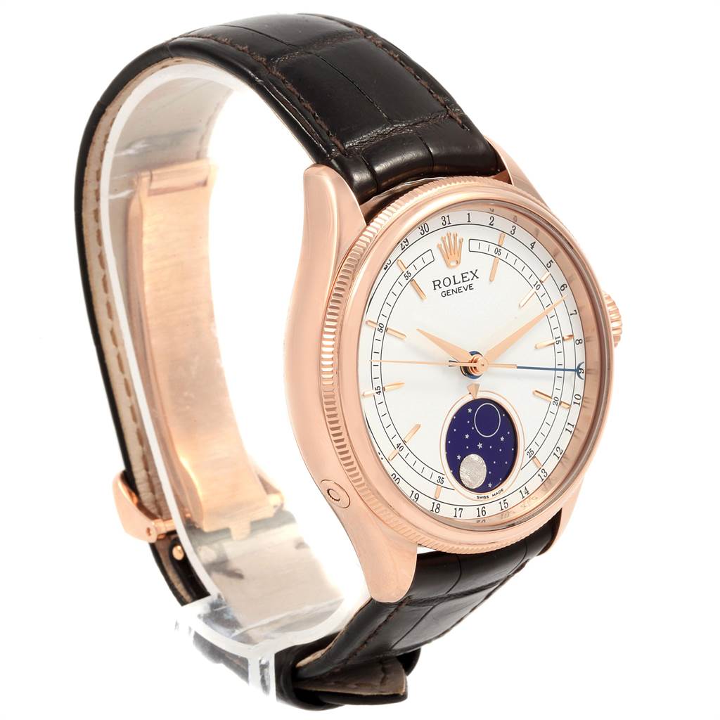 The image shows a front-angle view of a Rolex Cellini 50525 Men's Rose Gold White Dial 50525 Men's Rose Gold White Dial watch, highlighting its dial, case, and leather strap.