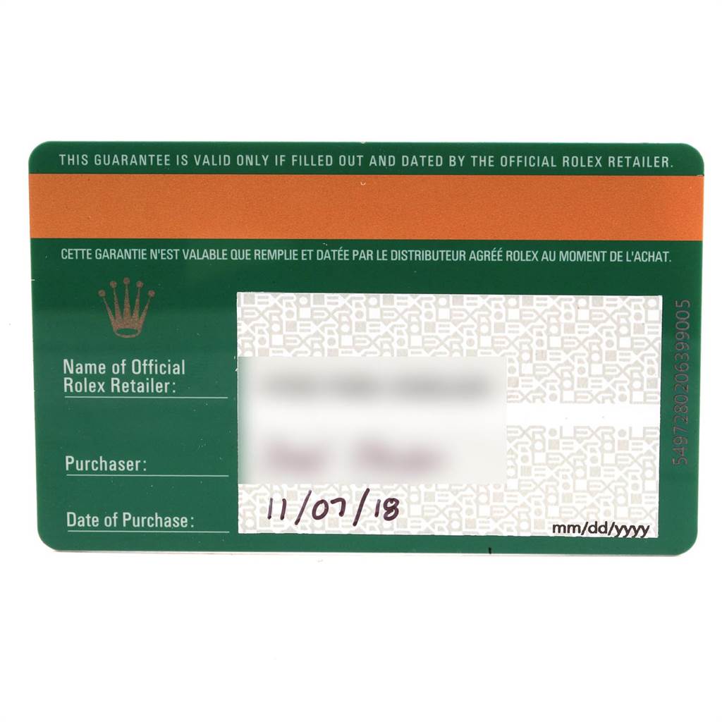 This image shows the warranty card for a Rolex Cellini 50525 Men's Rose Gold White Dial 50525 Men's Rose Gold White Dial watch, dated 11/07/18.